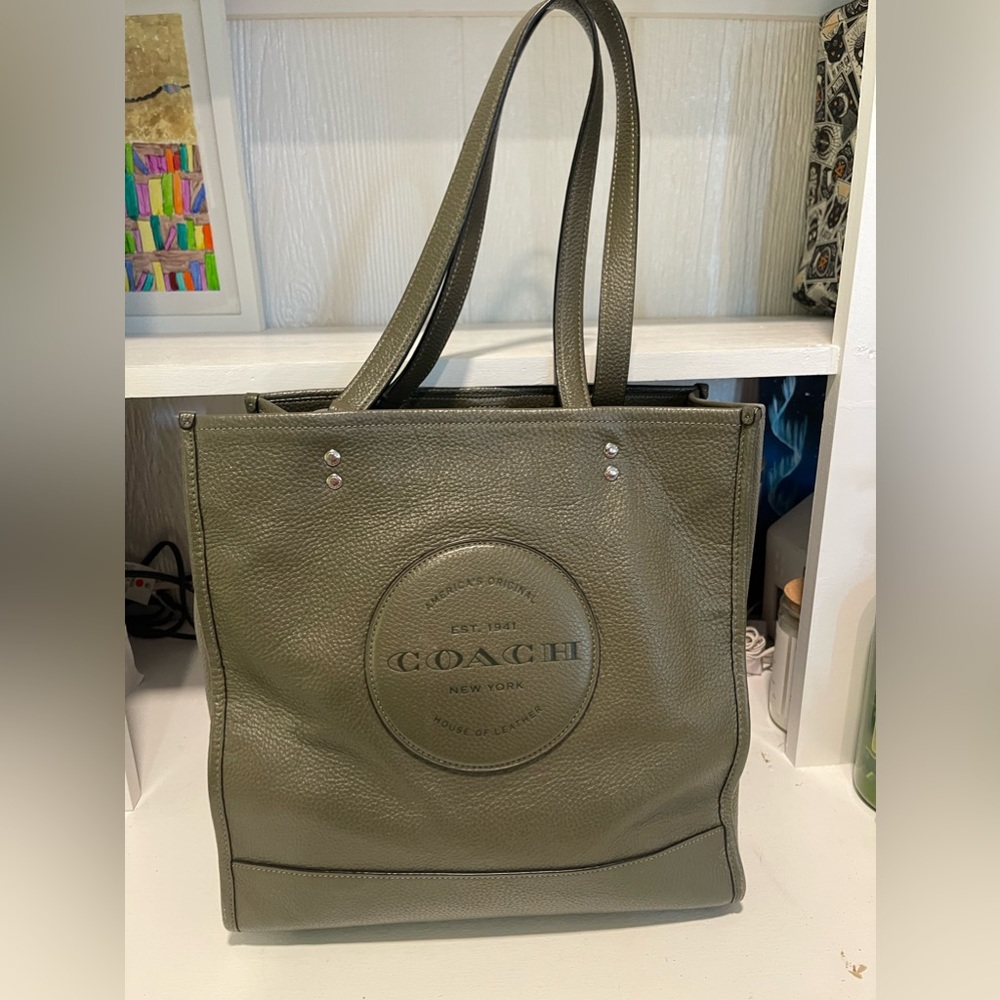 Coach olive green leather bucket tote